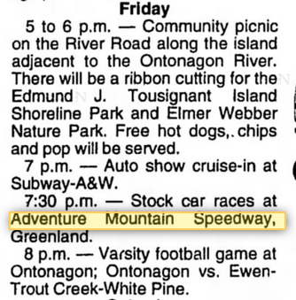 Adventure Mountain Raceway - Aug 1995 Mention